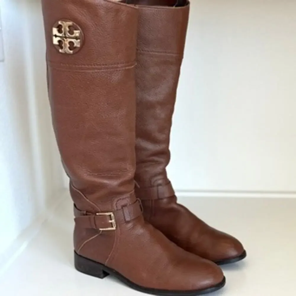TORY BURCH Riding Boots Brown Leather Zip‎ Knee High Logo Buckle Women 7M